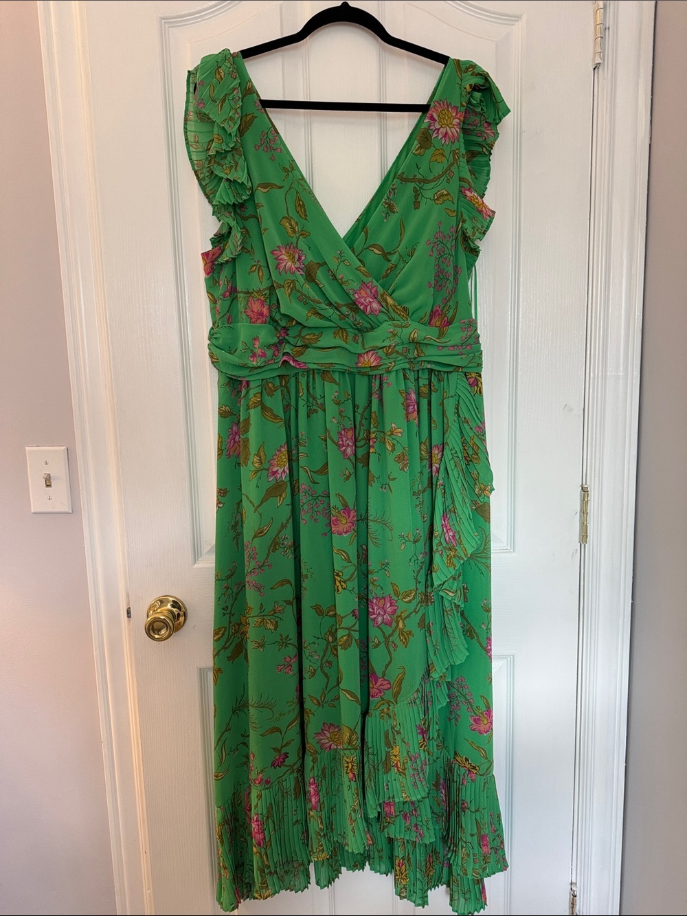 Anthropologie Green Floral Wrap-Style Midi Dress with Pink Blooms